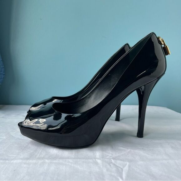 LOUIS VUITTON BLack Patent Leather Padlock Peep Toe Heels sz. 38 - Picture 8 of 15